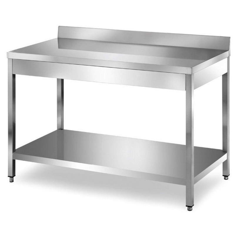 Tavolo Inox Professionale su Gambe con Ripiano e Alzatina cm 60x70x85